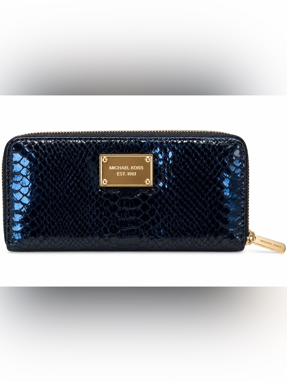 Michael Kors Navy Snake-Embossed Zip Around Wallet with Gold Plaque